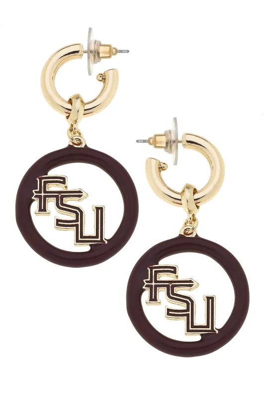Florida State Seminoles Logo Medallion Drop Hoop Earrings in Shiny Gold sold by Canvas Style