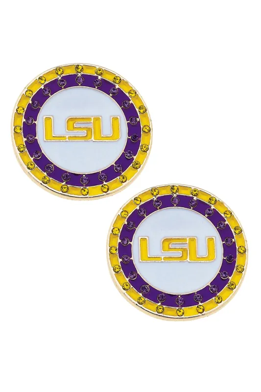 LSU Tigers Pave Disc Stud Earrings in Purple/Gold/White sold by Canvas Style