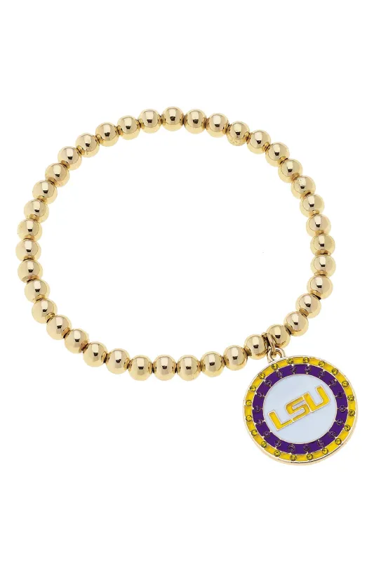 LSU Tigers Pave Disc Ball Bead Stretch Bracelet in Shiny Gold sold by Canvas Style