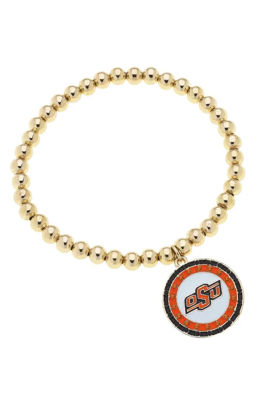 Oklahoma State Cowboys Pave Disc Ball Bead Stretch Bracelet in Shiny Gold sold by Canvas Style