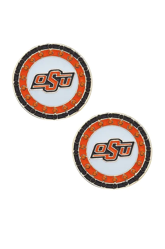 Oklahoma State Cowboys Pave Disc Stud Earrings in Orange/Black/White sold by Canvas Style
