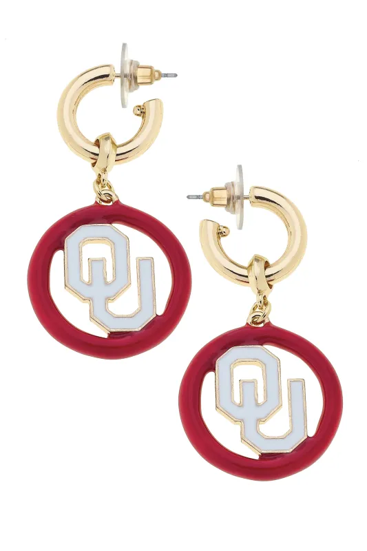 Oklahoma Sooners Logo Medallion Drop Hoop Earrings in Shiny Gold sold by Canvas Style
