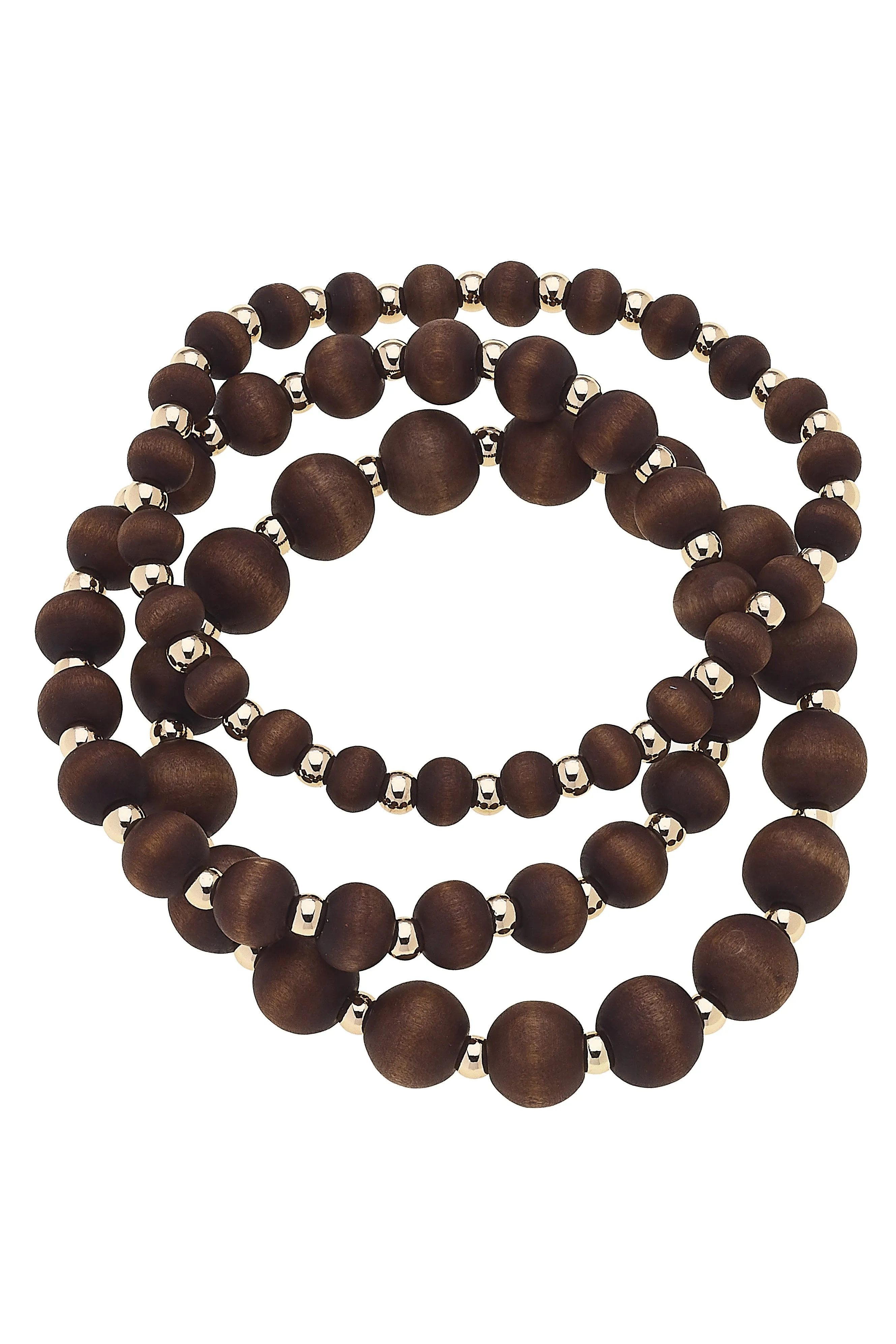Aster Beaded Wood Stretch Bracelets (Set of 3) in Brown sold by Canvas Style