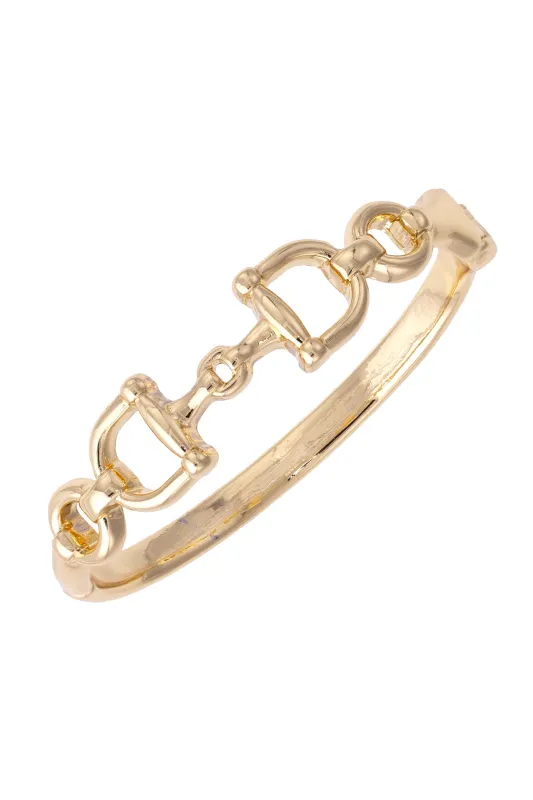 Cinnamon Horsebit Hinge Bangle in Shiny Gold sold by Canvas Style