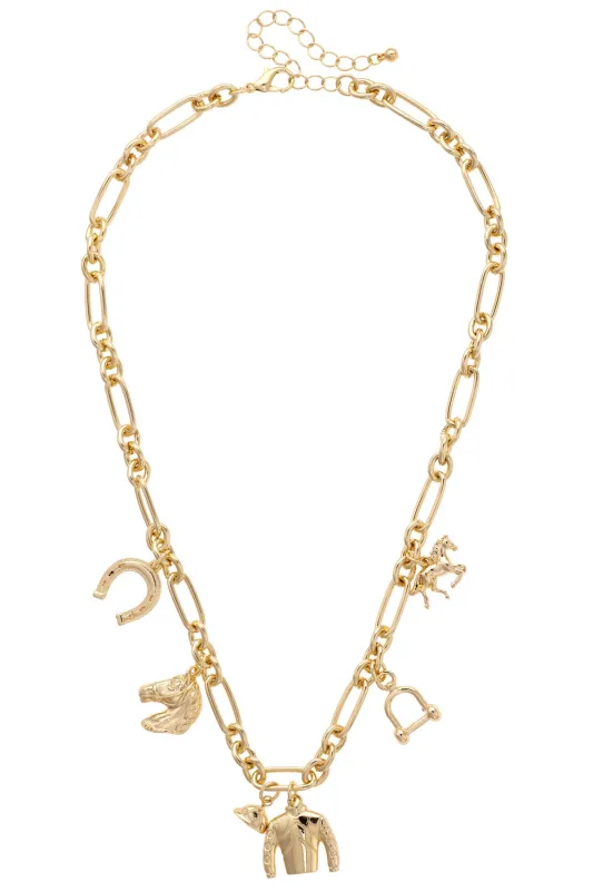 Blazing Saddles Equestrian Charm Necklace in Shiny Gold sold by Canvas Style