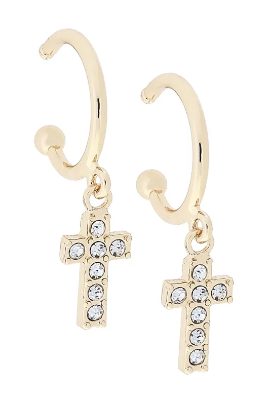 Mabel Pavé Cross Drop Hoop Earrings in Shiny Gold sold by Canvas Style
