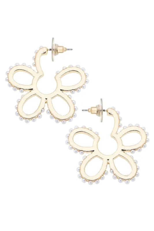 Sher Pearl Studded Flower Earrings in Shiny Gold sold by Canvas Style