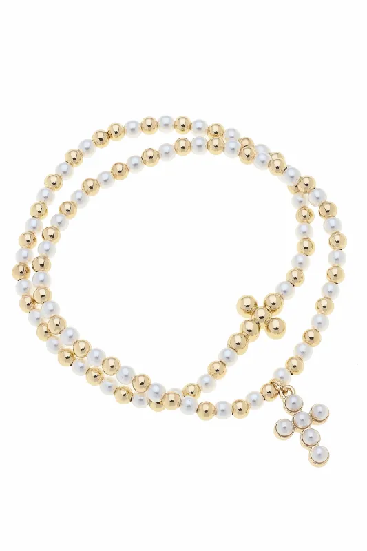 Emily Pearl & Ball Bead Stretch Bracelets (Set of 2) in Ivory sold by Canvas Style