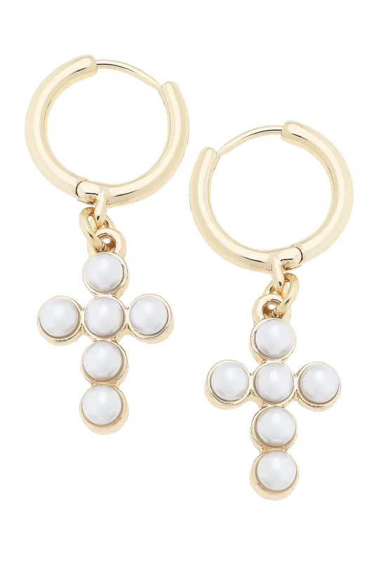 Emily Pearl Cross Drop Hoop Earrings in Ivory sold by Canvas Style