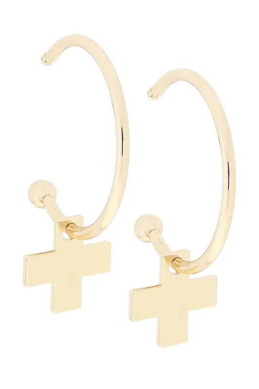 Blythe Cross Drop Hoop Earrings in Shiny Gold sold by Canvas Style