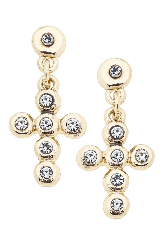 Elizabeth Pavé Cross Drop Earrings in Shiny Gold sold by Canvas Style