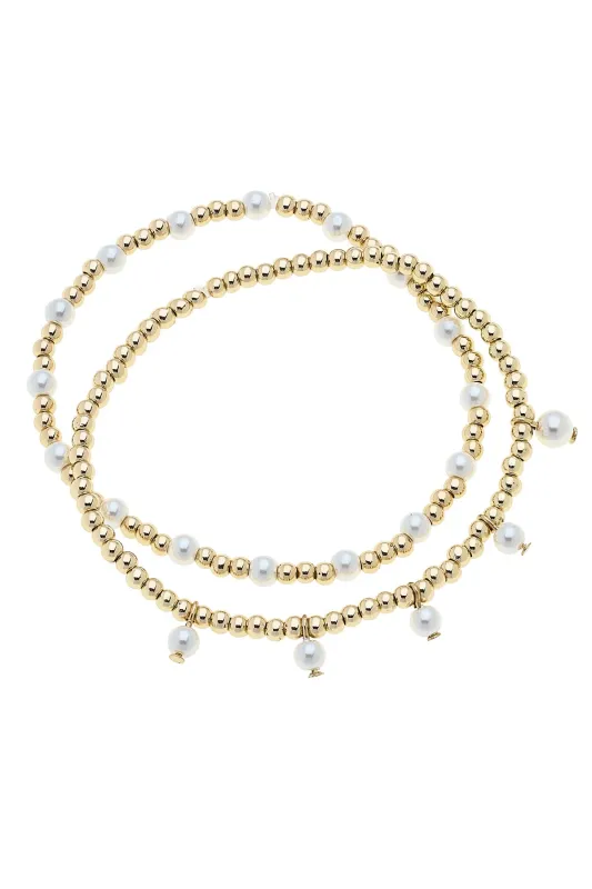 Aspen Delicate Pearl Stretch Bracelet Set of 2 in Shiny Gold sold by Canvas Style