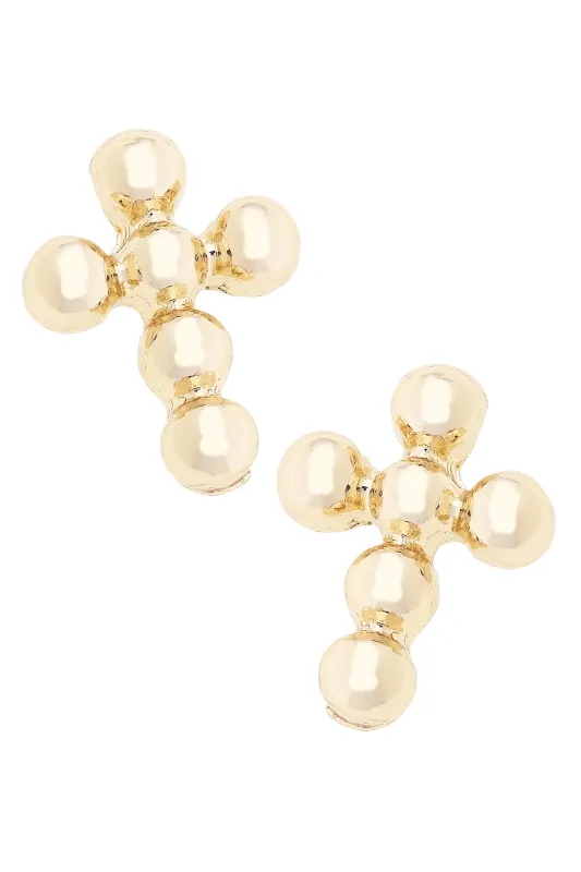 Millie Ball Bead Cross Stud Earrings in Shiny Gold sold by Canvas Style