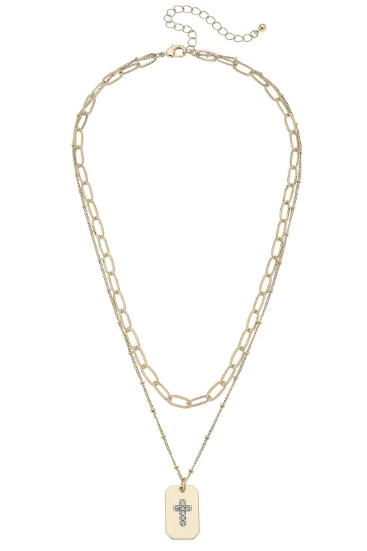 Katarina Cross Dog Tag Layered Necklace in Shiny Gold sold by Canvas Style