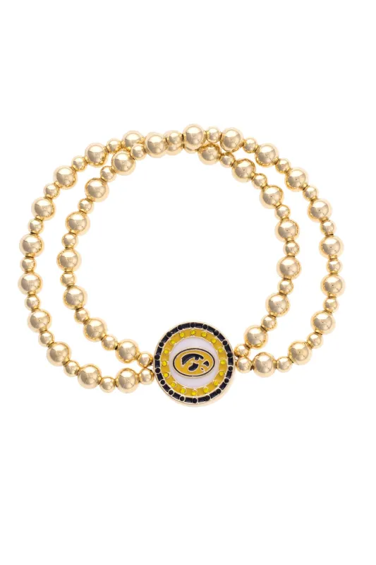 Iowa Hawkeyes Pave Disc 2-Row Ball Bead Stretch Bracelet in Shiny Gold sold by Canvas Style