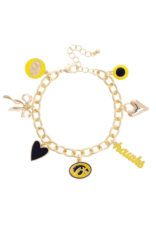 Iowa Hawkeyes Enamel Icons Charm Bracelet in Shiny Gold sold by Canvas Style
