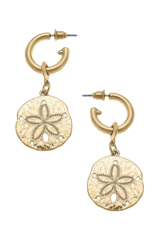 Sand Dollar Drop Hoop Earrings in Worn Gold sold by Canvas Style