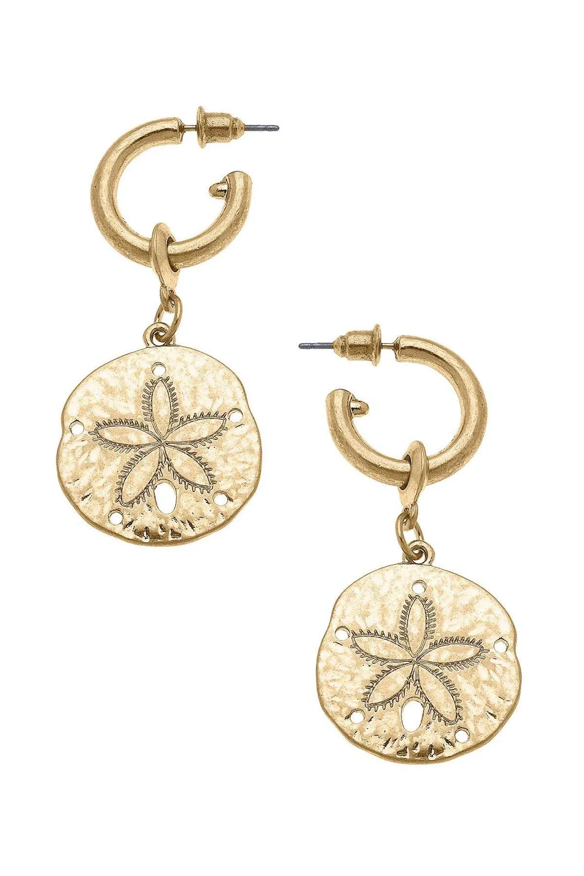 Sand Dollar Drop Hoop Earrings in Worn Gold sold by Canvas Style