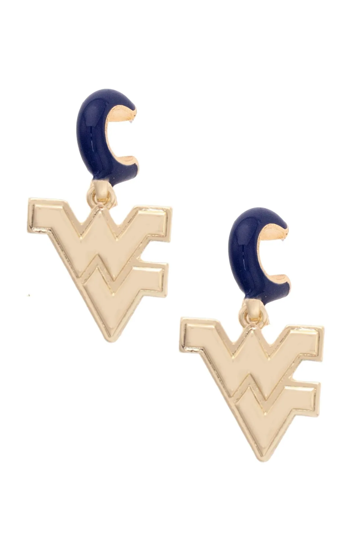 West Virginia Mountaineers Logo Huggie Hoop Earrings in Navy/Shiny Gold sold by Canvas Style