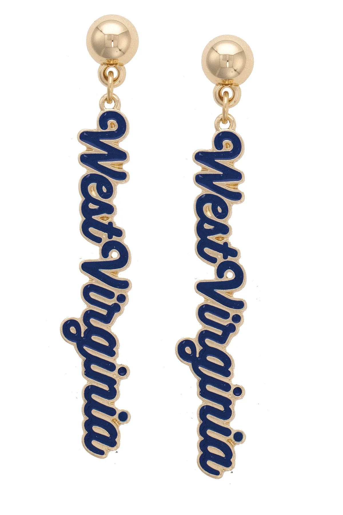 West Virginia Mountaineers Enamel Script Earring in Shiny Gold sold by Canvas Style