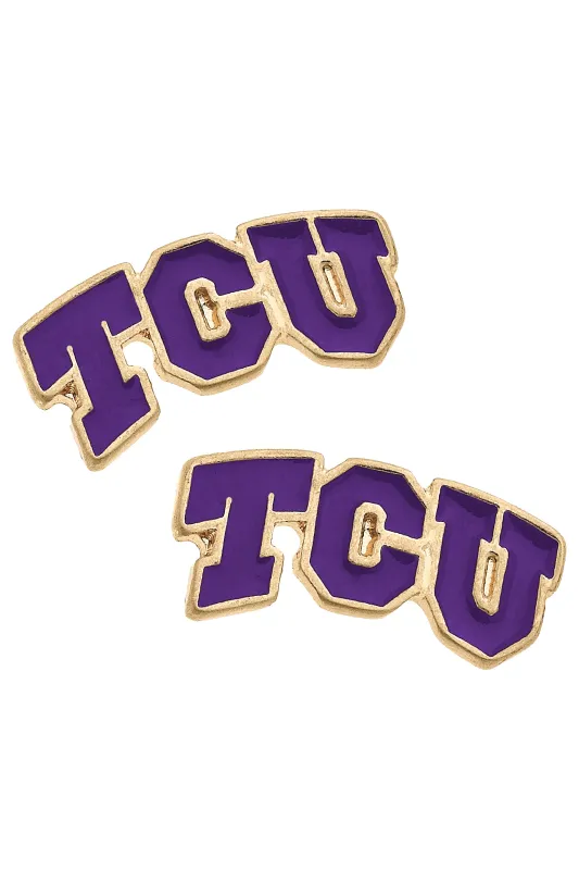 TCU Horned Frogs Enamel Logo Stud Earrings in Shiny Gold sold by Canvas Style