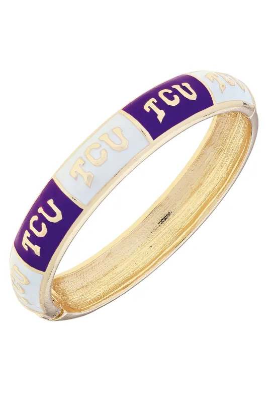 TCU Horned Frogs Sculpted Enamel Checkered Hinge Bangle in Purple/White sold by Canvas Style