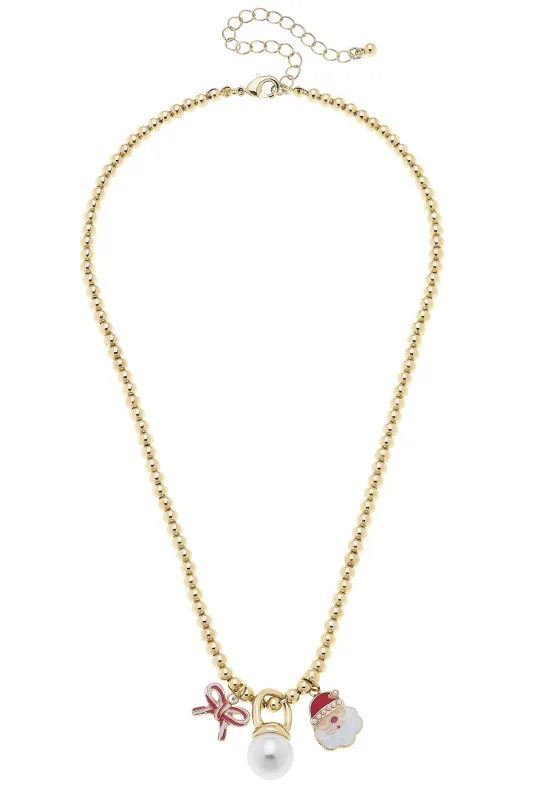Candy Cane Bow & Santa Charm Necklace in Shiny Gold sold by Canvas Style