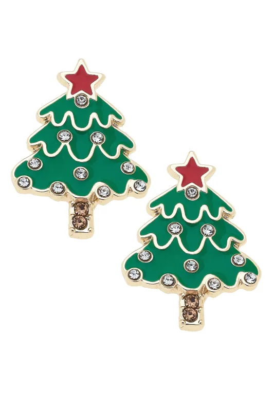 Rhinestone Enamel Christmas Tree Stud Earrings in Green sold by Canvas Style
