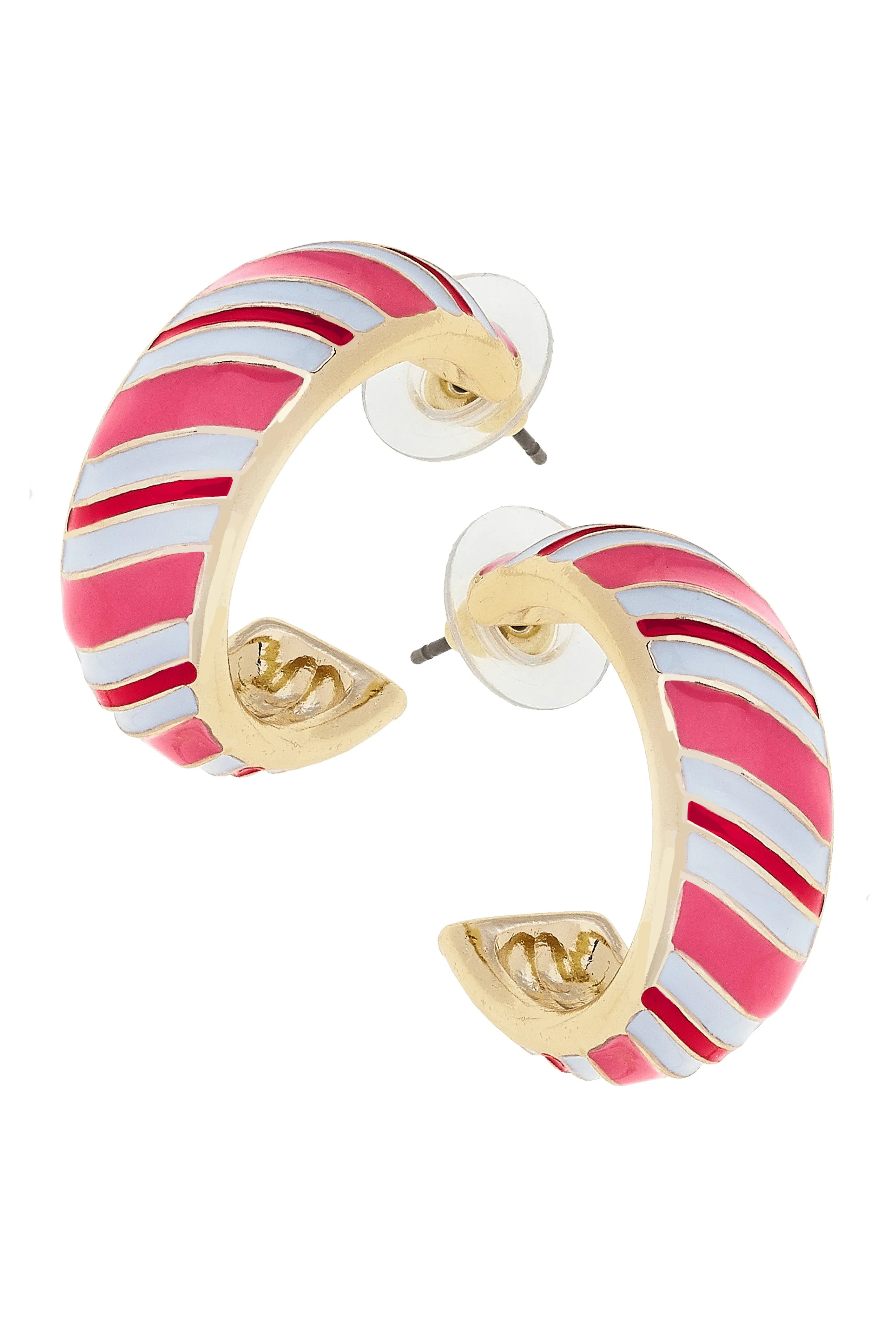 Candy Cane Striped Enamel Hoop Earrings in Pink/White/Red sold by Canvas Style