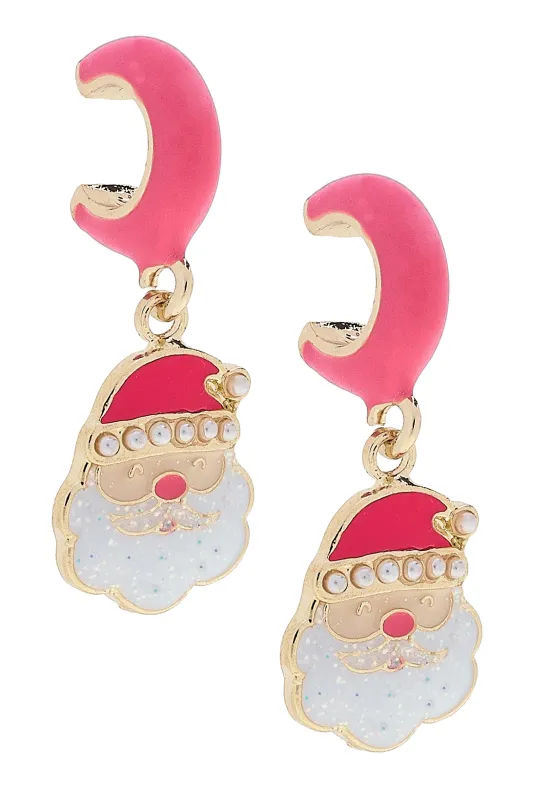 Pearl Studded Santa Huggie Hoop Earrings in Pink & Red sold by Canvas Style