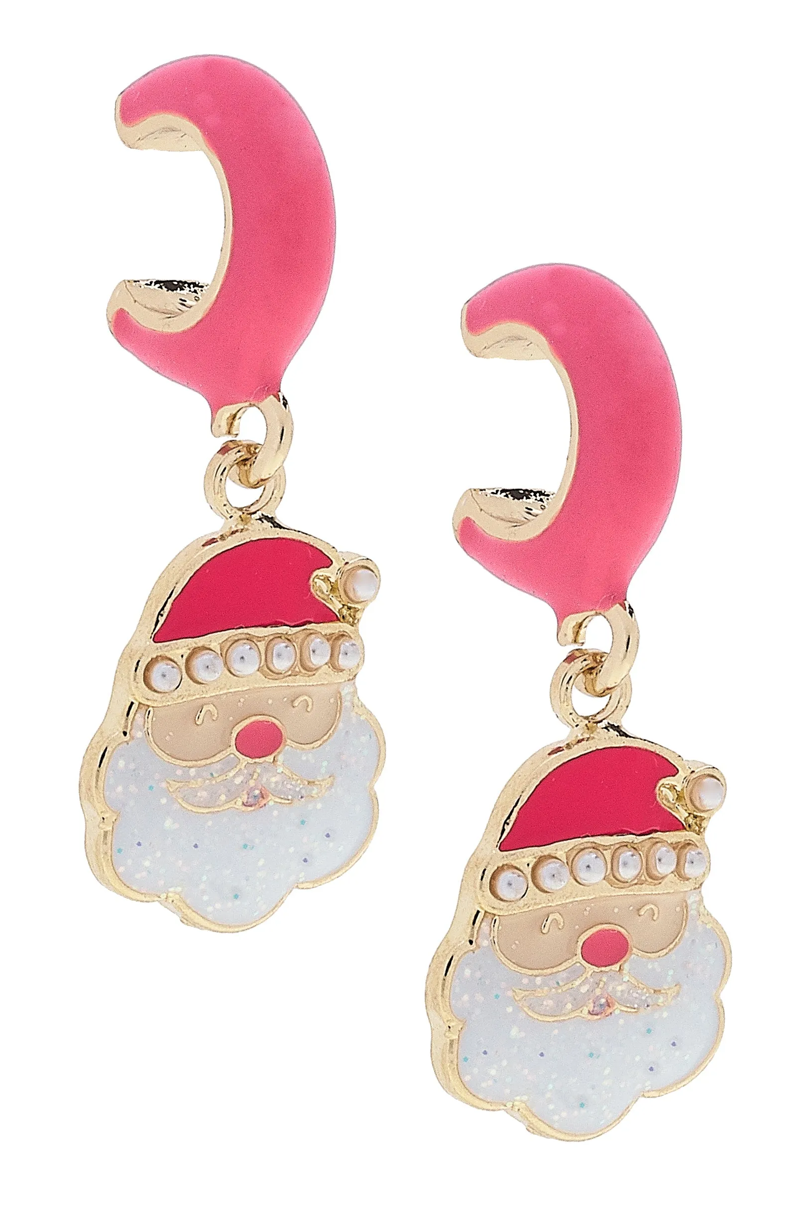 Pearl Studded Santa Huggie Hoop Earrings in Pink & Red sold by Canvas Style