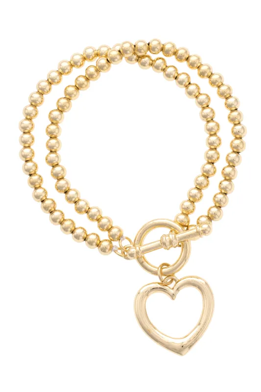 Haley Open Heart Ball Bead Stretch Toggle Bracelet in Shiny Gold sold by Canvas Style