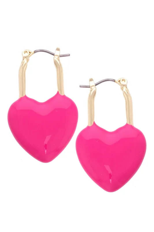 Bowen Puffy Heart Enamel Padlock Earrings in Fuchsia sold by Canvas Style