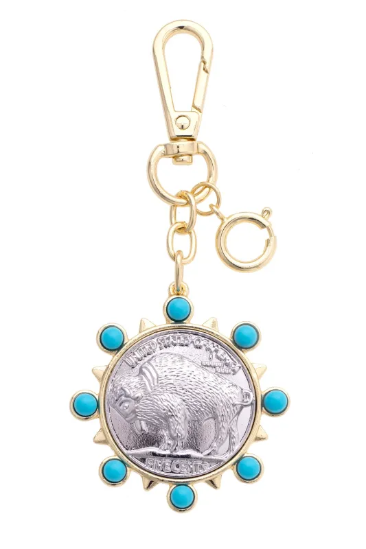Buffalo Coin Bag Charm in Silver and Turquoise sold by Canvas Style