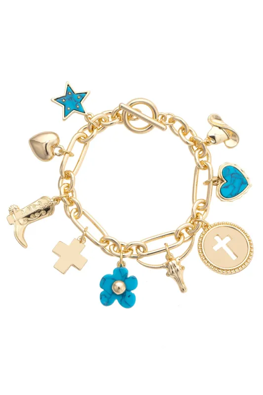 Cowboy Church Charm Bracelet in Shiny Gold sold by Canvas Style