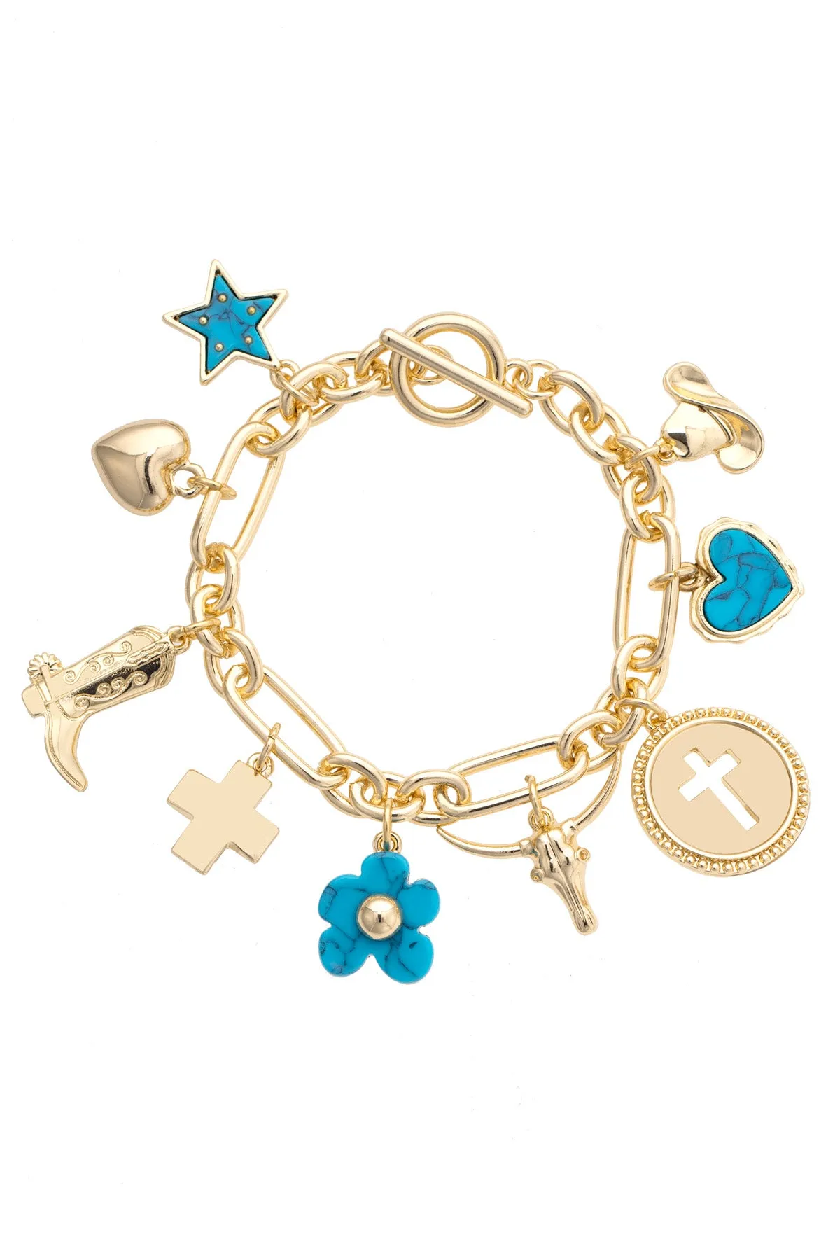 Cowboy Church Charm Bracelet in Shiny Gold sold by Canvas Style