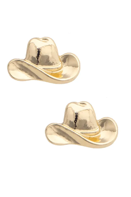 Gallon Cowboy Hat Stud Earrings in Shiny Gold sold by Canvas Style