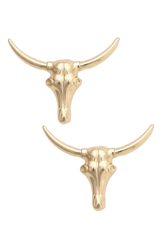 Taos Steer Skull Stud Earrings in Shiny Gold sold by Canvas Style
