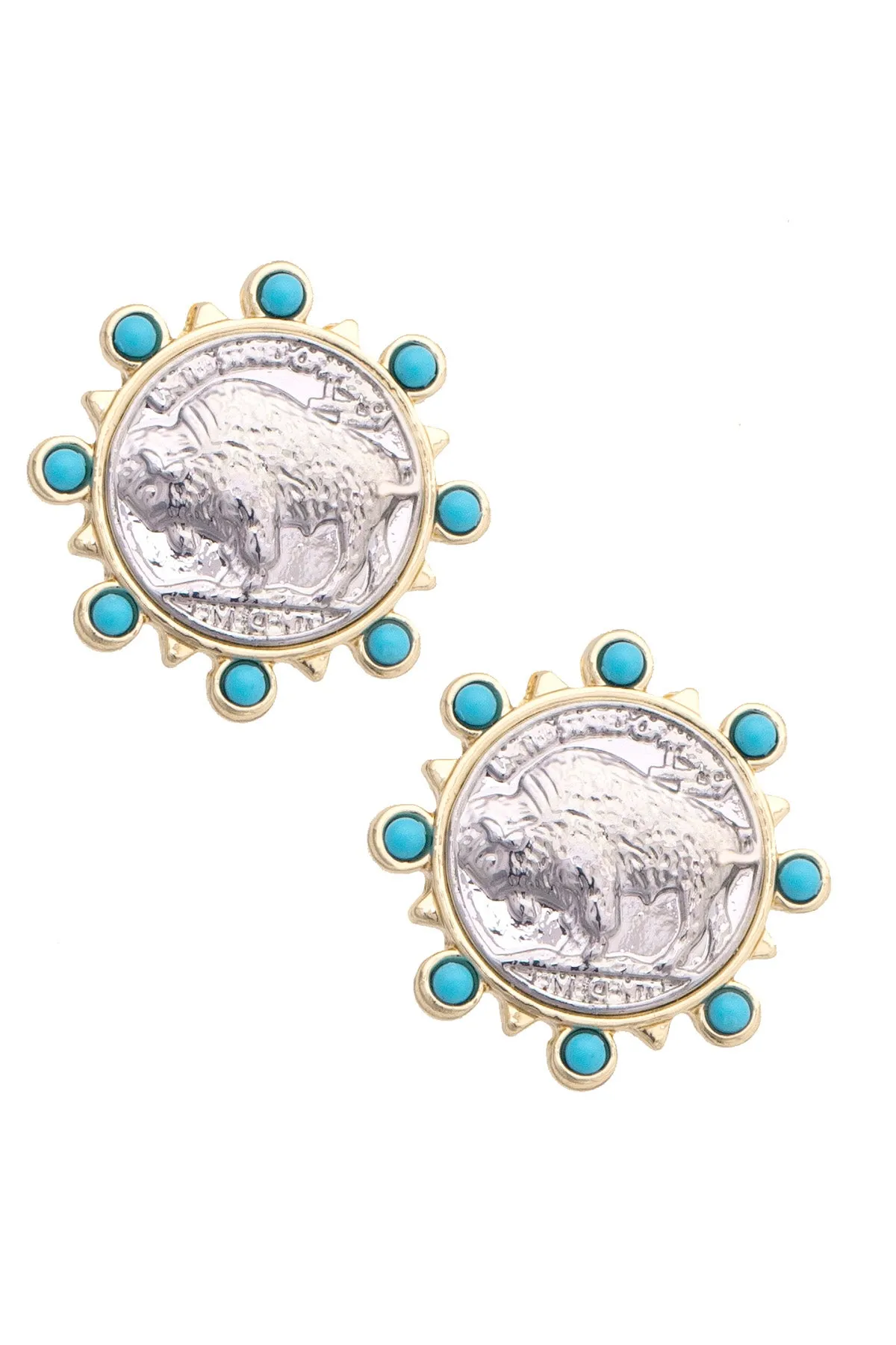 Buffalo Coin Stud Earrings in Silver and Turquoise sold by Canvas Style