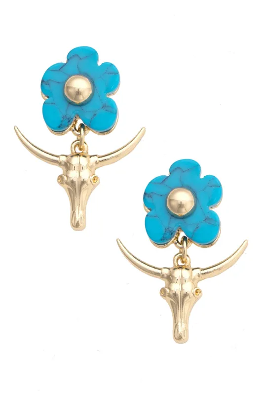Riadosa Steer Skull Flower Earrings in Shiny Gold sold by Canvas Style
