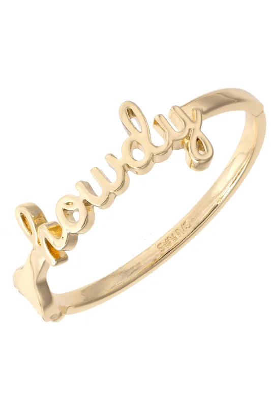 Howdy Cursive Hinge Bangle in Shiny Gold made by Canvas Style