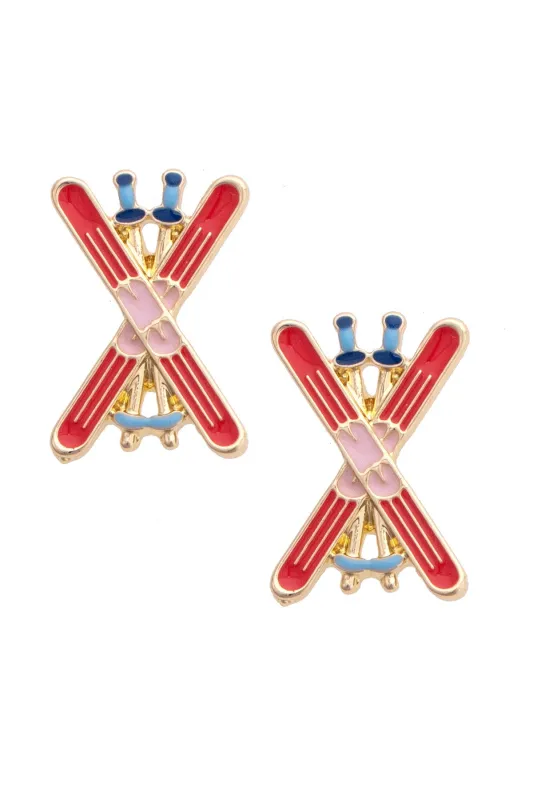 Snow Ski Stud Earrings in Red sold by Canvas Style