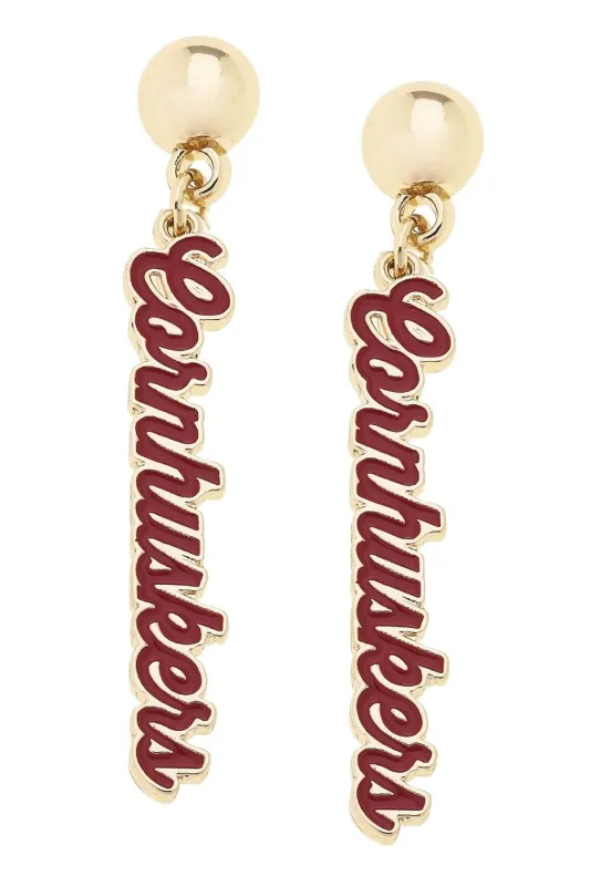 Nebraska Huskers Enamel Script Earring in Shiny Gold sold by Canvas Style