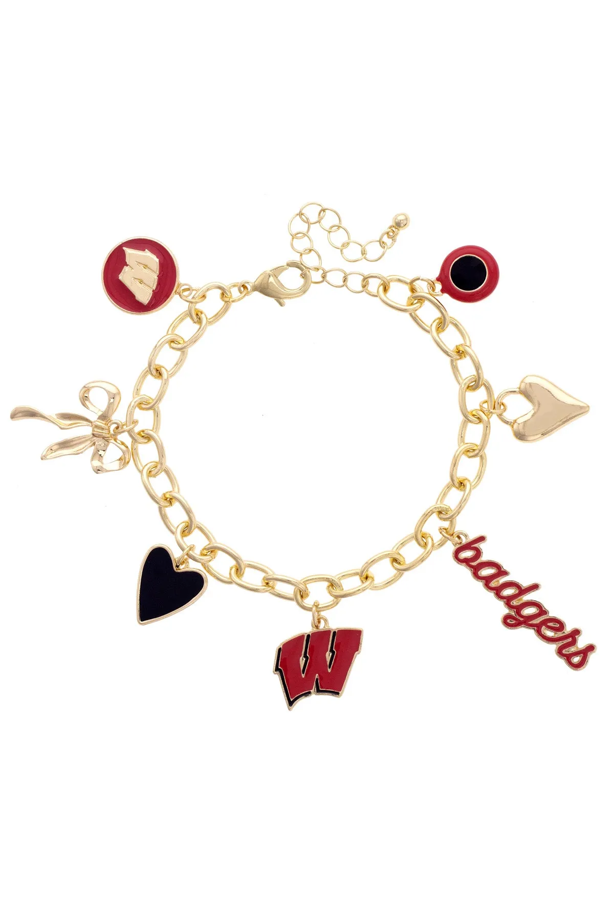 Wisconsin Badgers Enamel Icons Charm Bracelet in Shiny Gold sold by Canvas Style