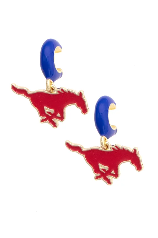 SMU Mustangs Enamel Logo Huggie Hoop Earrings in Blue sold by Canvas Style