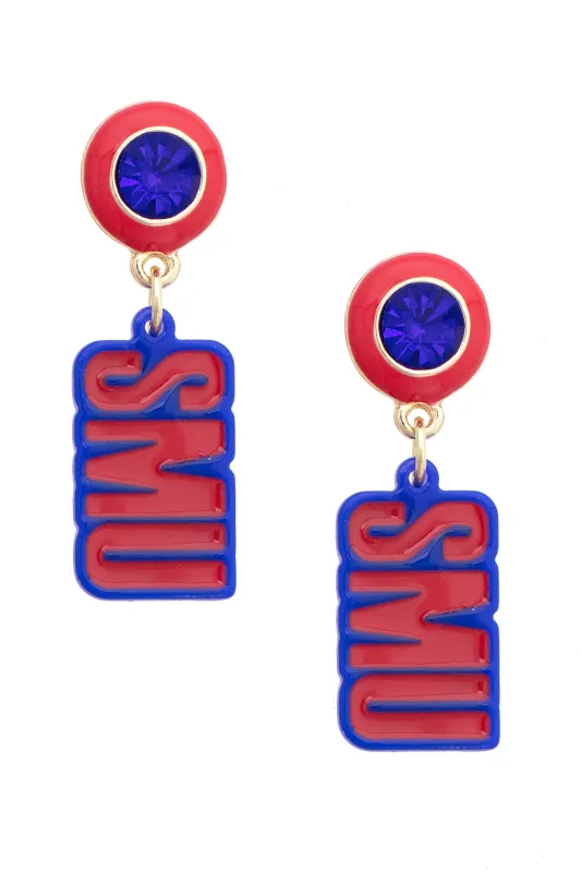 SMU Mustangs Resin Block Letter Earrings in Red/Blue made by Canvas Style