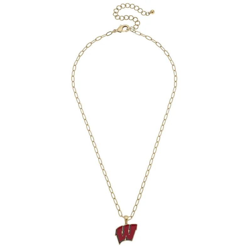 Wisconsin Badgers Enamel Pendant Necklace in Shiny Gold sold by Canvas Style