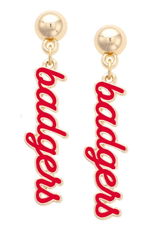 Wisconsin Badgers Enamel Script Earring in Shiny Gold sold by Canvas Style
