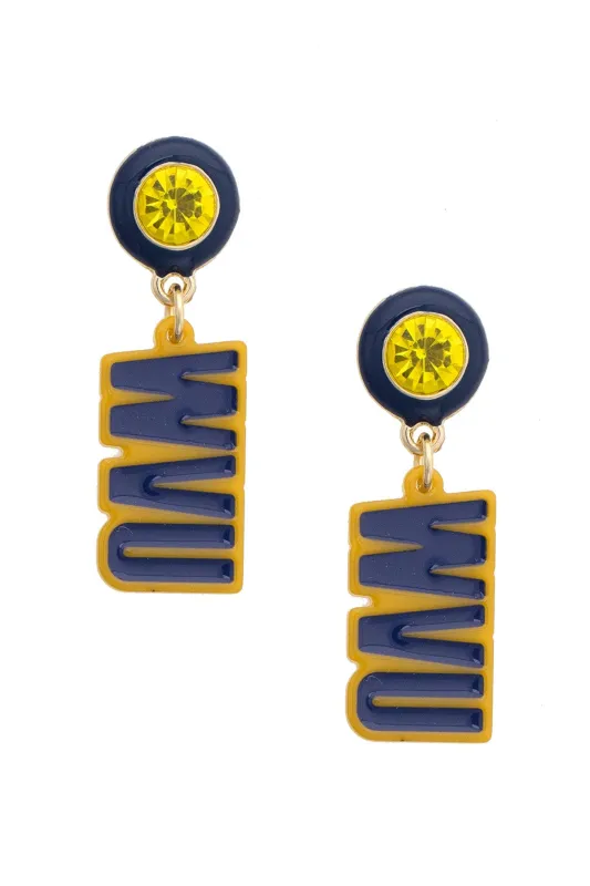 West Virginia Mountaineers Resin Block Letter Earrings in Navy/Gold sold by Canvas Style