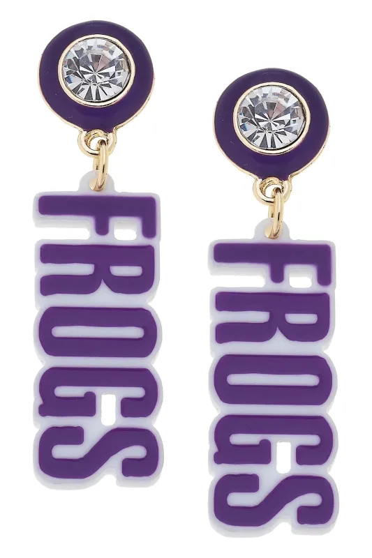 TCU Horned Frogs Resin Block Letter Earrings in Purple sold by Canvas Style